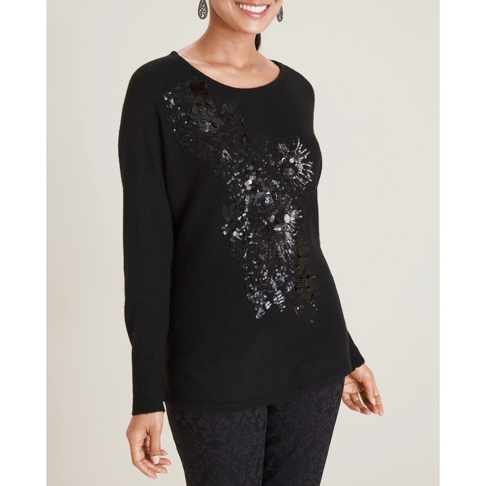 Chico's Sequin Floral Sweater Womens Size 2 Large Black Long Sleeve Knit Top